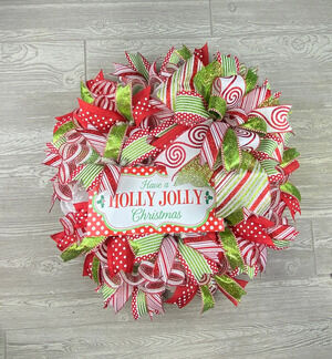 Whimsical Christmas Wreath for Front Door, Red and Lime Polka Dot Christmas Deco